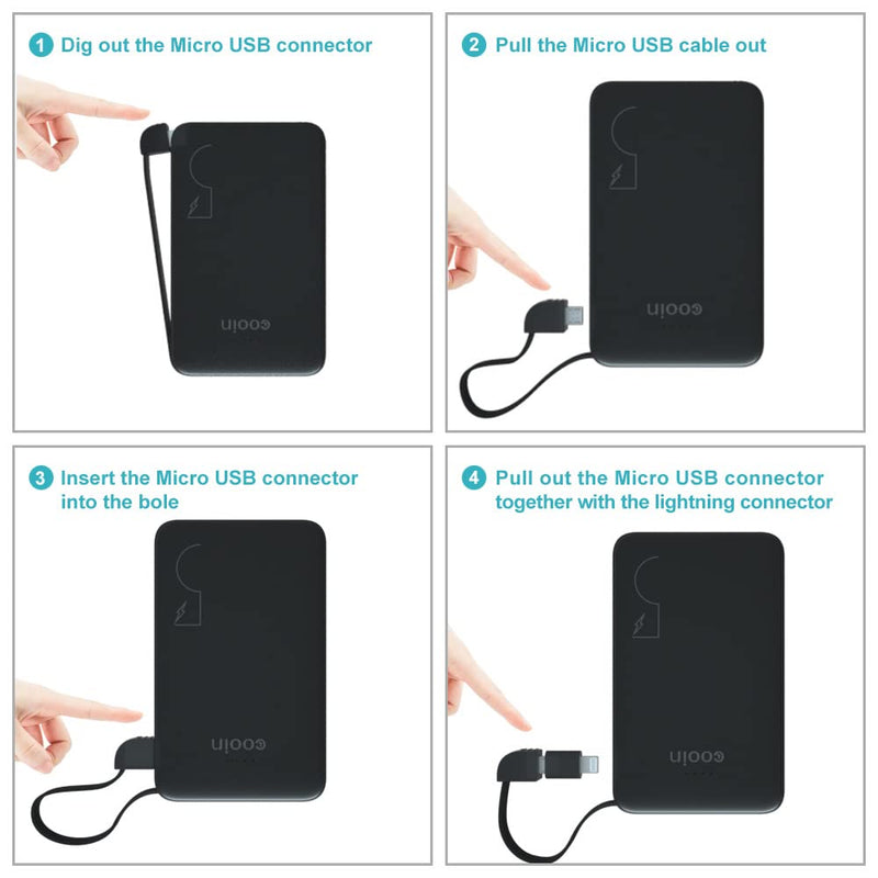 [Australia - AusPower] - Power Bank with Built-in Type-C, Micro USB Cable and with iPhone Adapter, COOIN 5000mAh Portable Charger, Thin Slim External Batteries for Both iPhone and Android Phone Power Packs，Black 