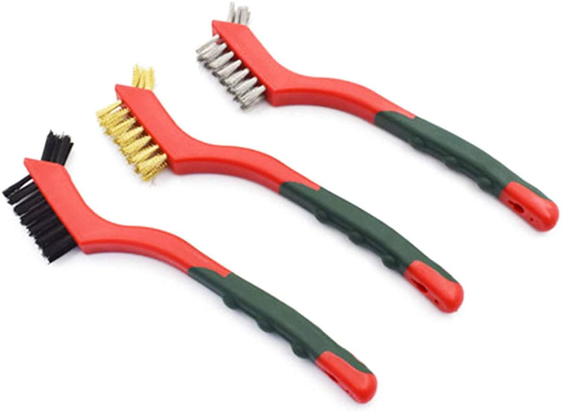 [Australia - AusPower] - QIXIAN Wire Brush Set 3pieces - Curved Handle Steel Brush, Brass, Nylon, Stainless Steel Brush Head, Used for deep Cleaning of Rust, Dirt, Paint scrubbing and Hard-to-Reach Areas ，7 Inches (Red) 