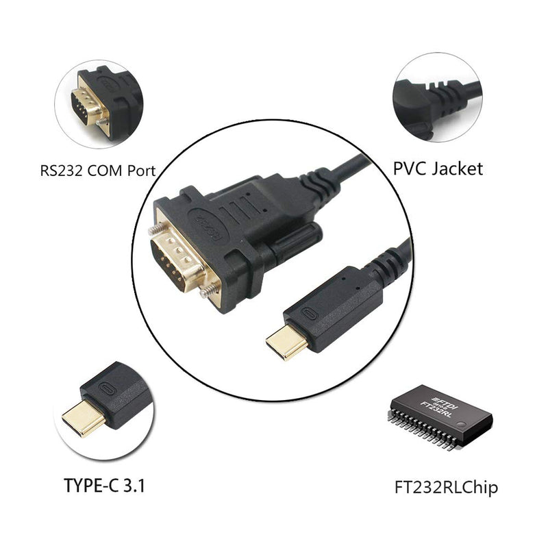 [Australia - AusPower] - USB to DB9 RS232 Serial Adapter Converter Cable with FTDI Chip 6ft Support Win10/8/7/XP/Android/Mac/Linux/Vista (Type C to DB9) Type C to DB9 