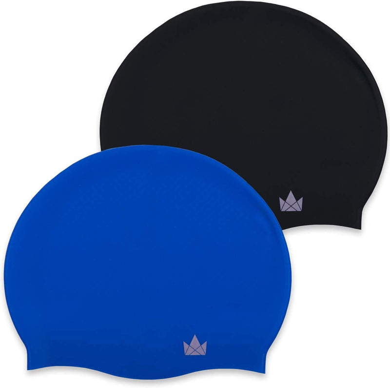 [Australia - AusPower] - The Friendly Swede Silicone Swim Cap for Men, Swim Cap Kids or Women with Short to Medium Hair (2 Pack) Blue + Black 