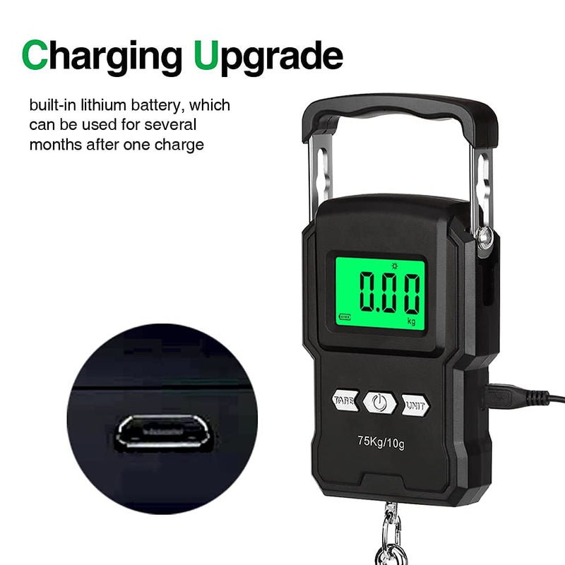 [Australia - AusPower] - Bonano Built-in Lithium Battery Fishing Scale, Micro-USB Interface, Backlit LCD Display 165lb/75kg Digital Hanging Scale with Measuring Tape.Fishing Gifts for Men, use for Home and Outdoor. 