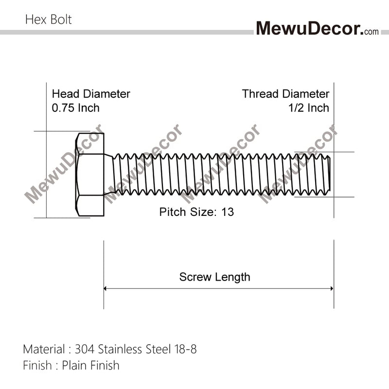 [Australia - AusPower] - 1/2-13 x 1-1/4" Hex Head Cap Bolts, External Hex Drive, Stainless Steel 18-8 (304), Full Thread, 5 PCS 1/2-13 x 1-1/4" (5 PCS) 