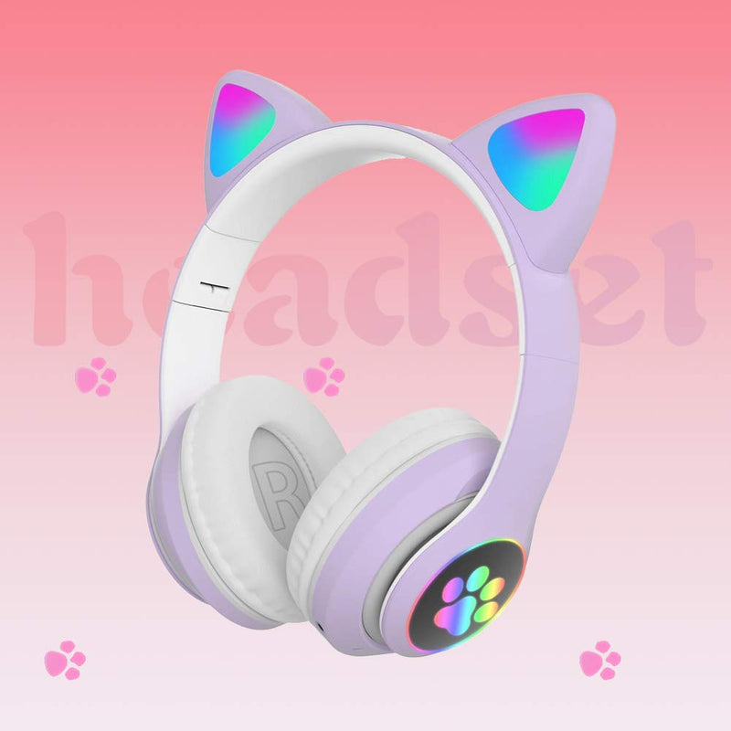 [Australia - AusPower] - GEZICHTA Stereo Gaming Headset with Microphone,Cat Ear Kid's Headphone with LED Light, Flashing Light up Wireless Bluetooth,Over Ear Foldable Stereo Headphone for Mobile Phone/Tablet/PC(Purple) Purple 