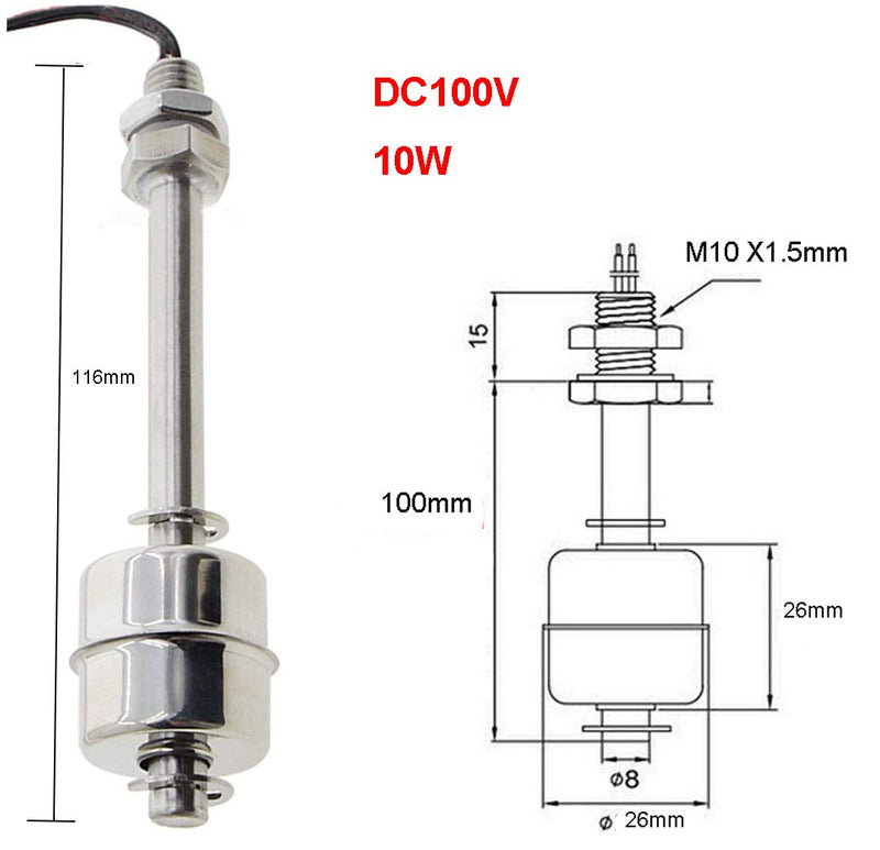 [Australia - AusPower] - YXQ 100mm Stainless Steel Float Switch Liquid Water Level Sensor Monitor Vertical Fish Tank Mini M10,10W 0.5Amp 