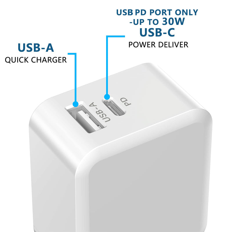 [Australia - AusPower] - USB C Fast Charger,30W Foldable Plug Wall Charger, Dual Ports Fast Charger with 18W USB C Power Adapter Compatible with iPhone,iPad,iPod,Samsung and Other Android,Tablets,Speakers, Power Banks,White 