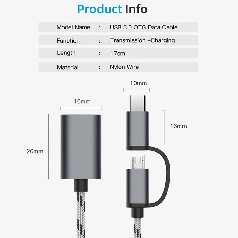 [Australia - AusPower] - OTG Adapter Cable,2 in 1 USB to Type-C,USB to Micro USB Nylon USB 3.0 Interface Fast Transfer Connector Converter for Cellphone Charging Line (Grey) Grey 