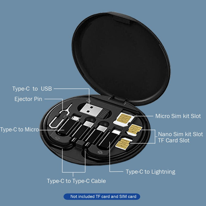 [Australia - AusPower] - USB Adapter Cable Conversion Storage Box, Multi-Type Charging Line Convertor Lightning Type C Micro Data Transfer Tool Contains Sim Card Slot Tray Eject Pin, Use as Phone Holder (Black) Black 