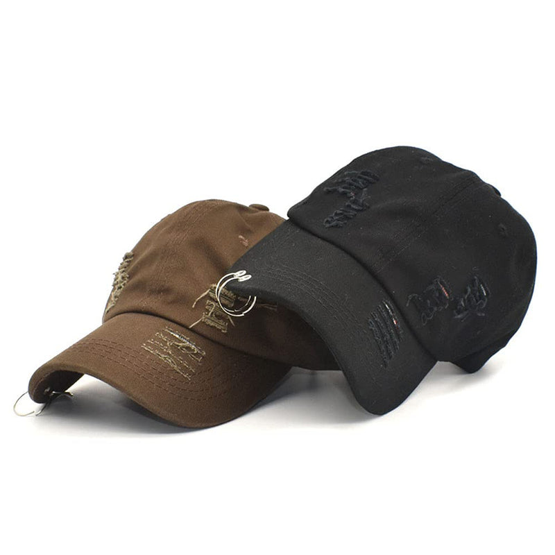 [Australia - AusPower] - Belsen Distressed Washed Denim Ring Baseball Cap Hip Hop Vintage Dad Hat Adjustable Black 