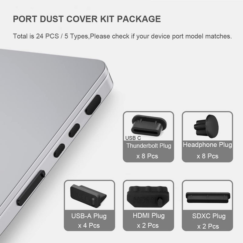 [Australia - AusPower] - Gavemi Dust Plug Cover for MacBook Pro/Air, Silicone Protection Laptop Port Anti Dust Caps, Thunderbolt/USB C, HDMI, SD, Headphone Port Total 24 pcs 
