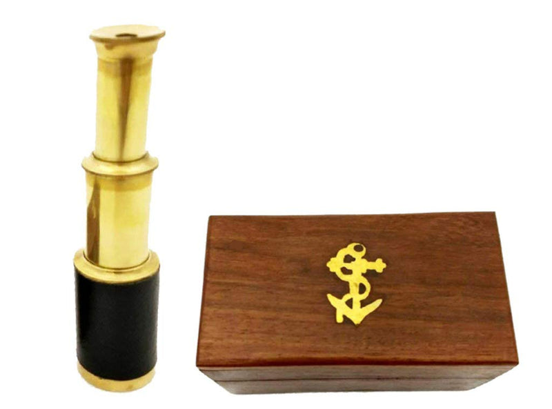 [Australia - AusPower] - 6" Brass Handheld Telescope with Wooden Box - Pirate Navigation with Anchor Wooden Box 