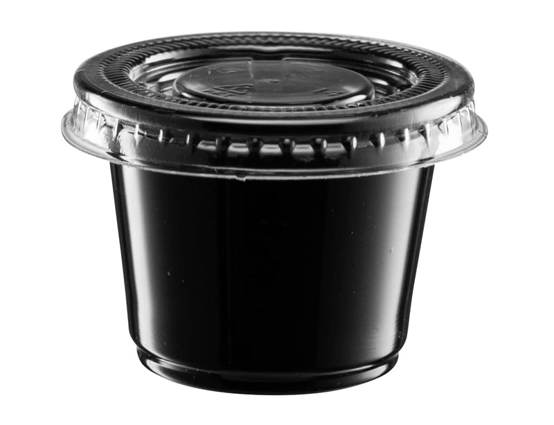 [Australia - AusPower] - {1 oz - 100 Sets} Black Diposable Plastic Portion Cups With Lids, Small Mini Containers For Portion Controll, Jello Shots, Meal Prep, Sauce Cups, Slime, Condiments, Medicine, Dressings, Crafts, Disposable Souffle Cups & Much more 1 Ounce 