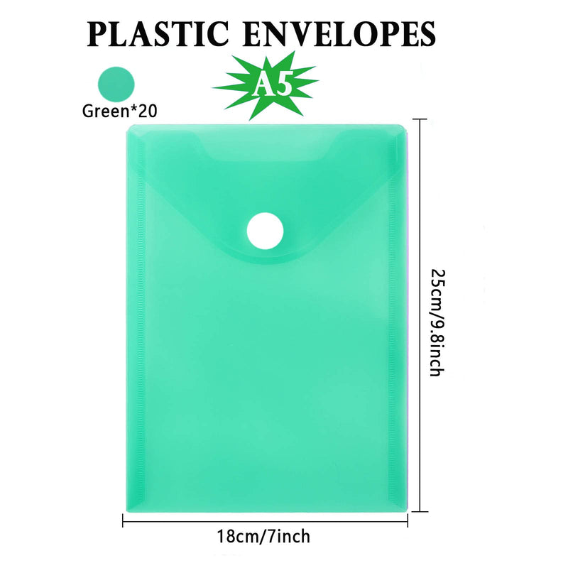 [Australia - AusPower] - 20 Pack 7x9 Small Plastic Envelopes with Hoop & Loop Closure, Clear Poly Envelopes for Coupon Receipts Check Cards Cash Money Storage Holder Green 