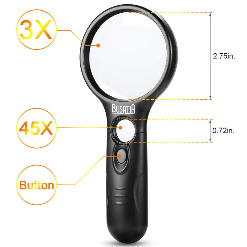 [Australia - AusPower] - Magnifying Glass with Light, BUSATIA LED Illuminated Magnifier with 3X 45X High Magnification, Lightweight Handheld Magnifying Glass for Reading, Inspection, Jewellery, Hobbies & Crafts 