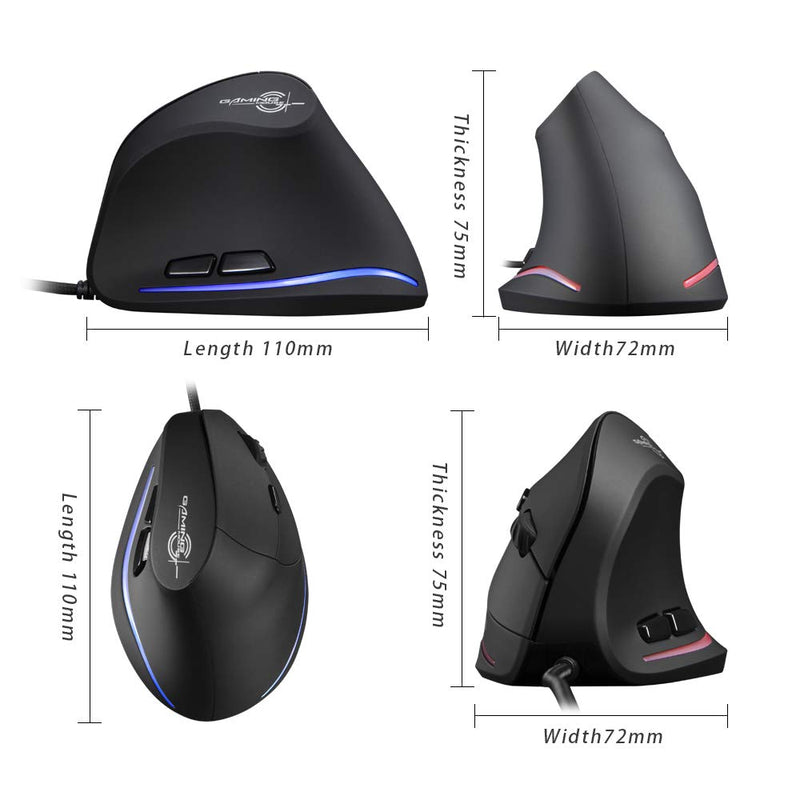 [Australia - AusPower] - Zelotes T20 Vertical Mouse, Wired Ergonomic Mouse, 3200DPI,6 Buttons, LED Optical Mouse Mice for Computer, Laptop, PC – Black 