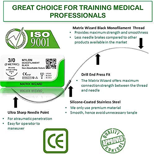 [Australia - AusPower] - 3-0 Sterile Sutures Thread with Needle (Black Monofilament) - Medical and Nursing Student's Surgical Practice Suture Kit, Training with Stitching Pad, First Aid Field Emergency Demo, Vet Use 