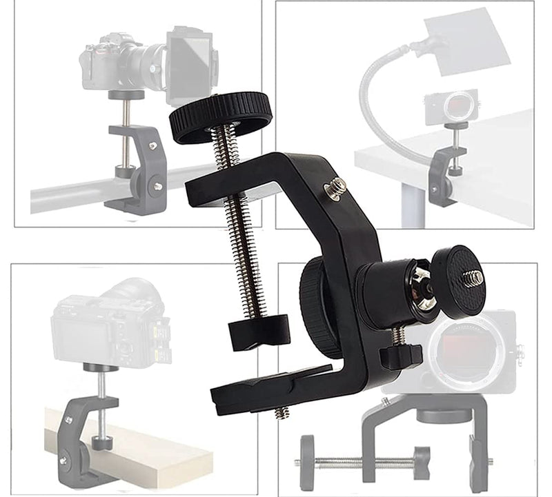 [Australia - AusPower] - Projector Camera Clamp Mount Projector Desk Bedside Mount Adjustable Mini Projector Mount Clamp 360° Rotating 1/4 Screw C Clamp Mount with Ball Head Compatible with DSLR Canon Nikon Projector Black Max Clamp: 60 mm 