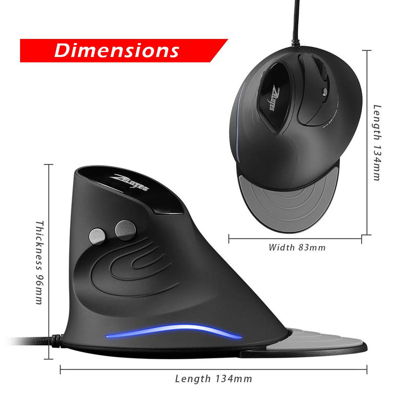 [Australia - AusPower] - Zelotes Vertical Ergonomic Mouse,3200DPI Computer Mouse, 6 Buttons,LED Optical Wired Mouse Corded Mice for Computer, Laptop, PC – Black 