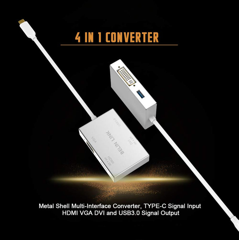 [Australia - AusPower] - BELIN LINK USB C to HDMI DVI VGA USB 3.0 Adapter,USB 3.1 Type-C 4in1 Hub to HDMI DVI 4K VGA USB Adaptor Converter (Thunderbolt 3 Compatible), USB-C Adapter for MacBook/MacBook Pro air/Surface pro TC 4IN1 