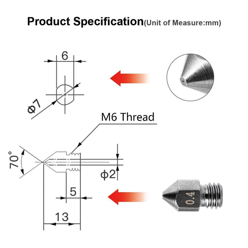 [Australia - AusPower] - Creality 3D Hardened Steel MK8 Nozzle with High Temperature Resistance Upgraded Tungsten All Metal Nozzle Ends for Makerbot Ender 3 / Ender 3Pro, CR-10 Series, 0.2/0.3/0.4/0.5/0.6 mm (5pcs in One Set) 5 