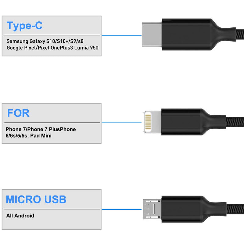 [Australia - AusPower] - Multi 3 in 1 USB Long iPhone Charging Cable, 1.8M/5.9Ft Nylon Braided Universal Phone Charger Cord USB C/Micro USB/Lightning Connector Adapter for Android/Apple/Samsung/LG/Pixel/Huawei/XiaoMi(Black) 1.8M Black 