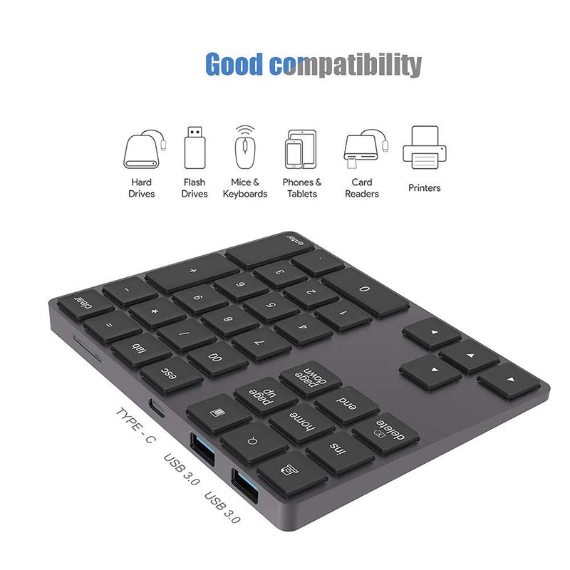 [Australia - AusPower] - Wireless Number Pad,34 Key Numeric Keypad Rechargeable Bluetooth Number Keyboard with USB Type-C Hub Slim 34-Keys External Numpad Keyboard Data Entry, for Windows, OS, Android(Black) 