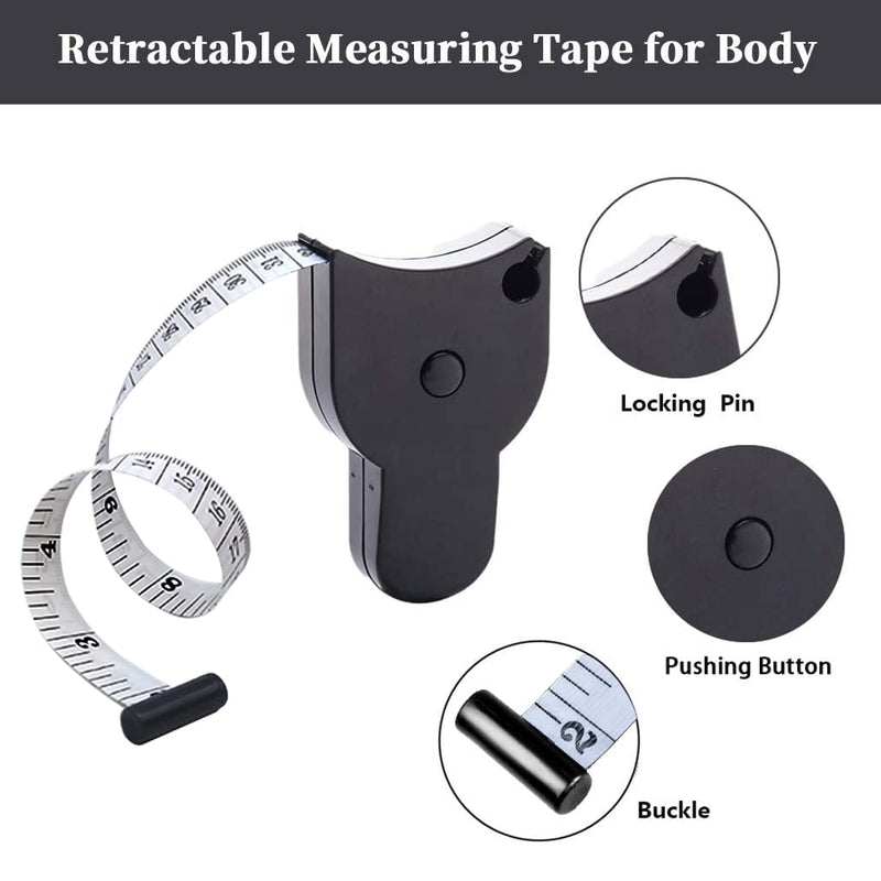 [Australia - AusPower] - Body Measuring Tape, Tape Measure for Body Measuring, Retractable Body Measurement Soft Cloth Fabric Tape Kit for Weight Loss, Lock Pin and Push Button, 60 inch/150cm Black, White 