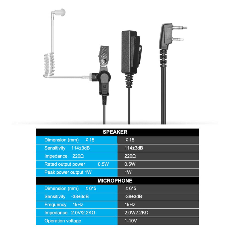 [Australia - AusPower] - LSENG Walkie Talkies Earpiece with Mic PTT 2 Pin Acoustic Tube Two Way Radio Headset for Baofeng UV-5R AR-5 BF-888S 1 Pack 