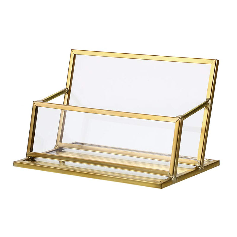 [Australia - AusPower] - Hipiwe Glass Business Card Holder Stand - Vintage Gold Metal Name Card Display Stand Office Desktop Countertop Business Card Organizer Golden 