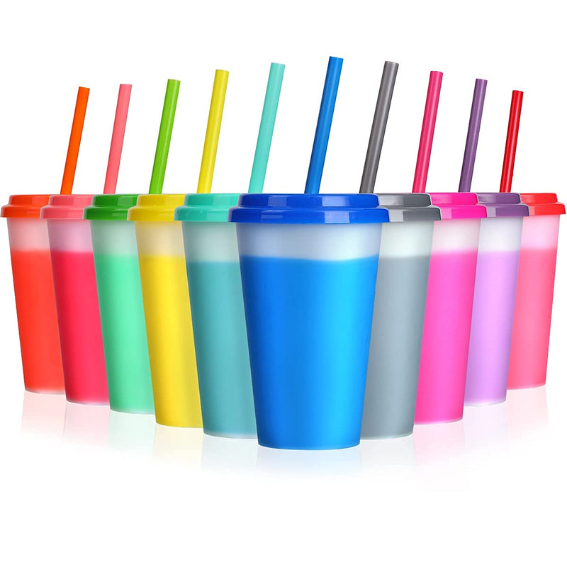 [Australia - AusPower] - Plastic Kids Cups with Lids and Straws - 10 Pack 12 oz Reusable Tumbler with Straw | Color Changing Cup with Lid Adults Bulk Travel Tumblers Drinking Cups for Cold Coffee 