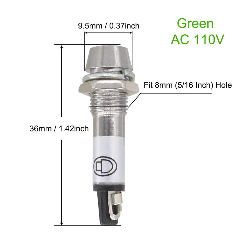 [Australia - AusPower] - VictorsHome Indicator Light 110V DC Green 5/16 Inch 8mm Metal Shell Panel Mount Signal Pilot Dash Directional Lights 5 Pack 