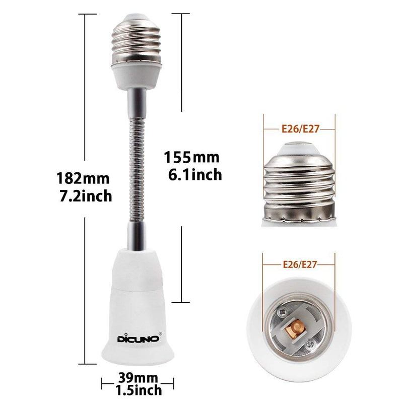 [Australia - AusPower] - DiCUNO E26 15.5CM/5.5 Inch Extension Socket Extender Adapter, E26 to E26 Flexible Extension, All-Directional Adjustable Standard Medium Light Bulb Socket Converter (2-Pack) 2 