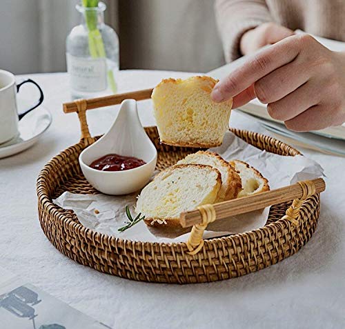 [Australia - AusPower] - Hand-Made Round Rattan Tray with Handle, Food Basket, Basket, Perfect for displaying Bread, Coffee Breakfast or Fruit (9.4x1.4in) 28cm-teays 