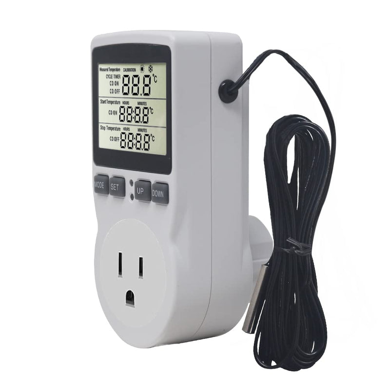[Australia - AusPower] - KETOTEK Digital Thermostat Outlet Plug Temperature Controller Outlet Socket 120V Heating Cooling with NTC 10K Probe 110V 15A Celsius/Fahrenheit Display 