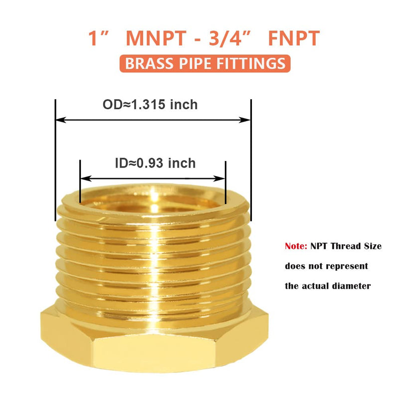 [Australia - AusPower] - Hooshing 2PCS Brass Reducer Hex Bushing 1" NPT Male x 3/4" NPT Female Threaded Pipe Fitting Adapter 2 Pack 