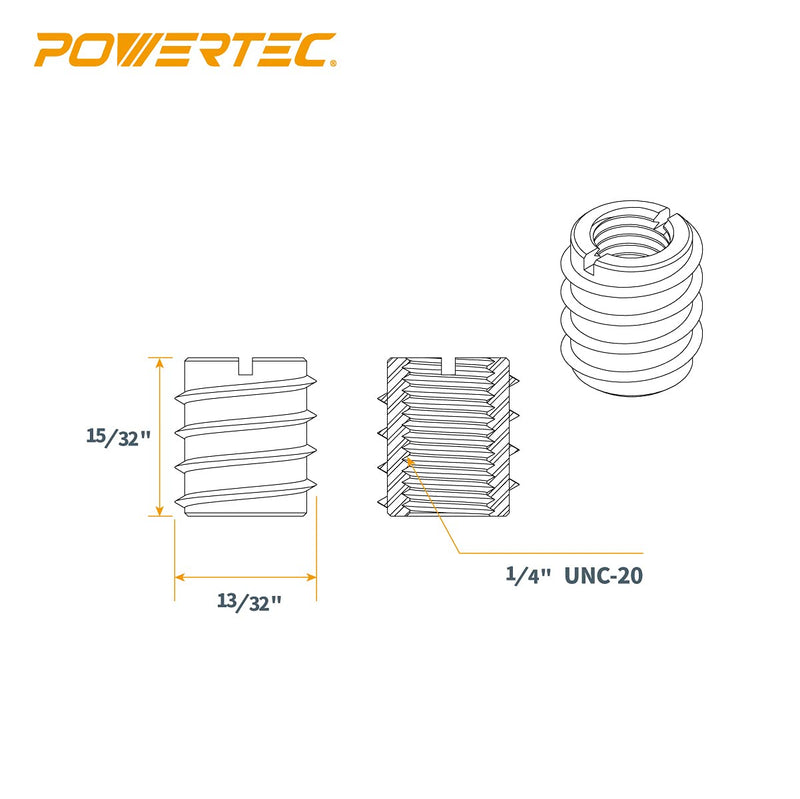 [Australia - AusPower] - POWERTEC QTI1002 Threaded Inserts for Wood Furniture | Zinc Plated | 1/4-20 Internal Threads | 11.9mm Length  Pack of 50 1/4"-20 Insert 