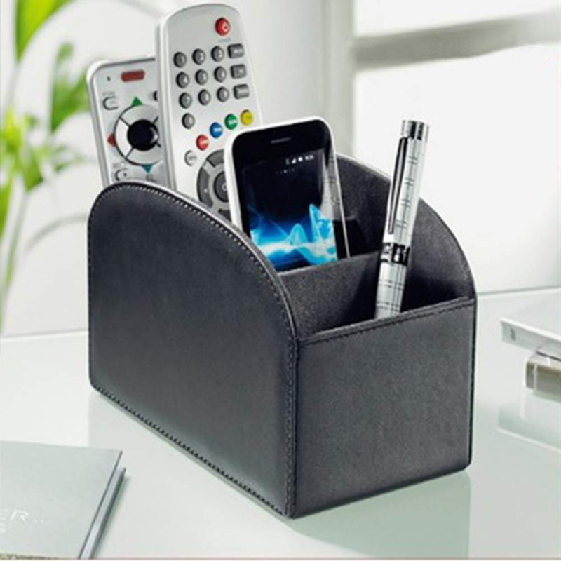 [Australia - AusPower] - Fosinz Remote Control Holder Organizer Table Desk Leather Control Storage TV Remote Control Organizer with 4 Spacious Compartments (Black 1) Black 1 