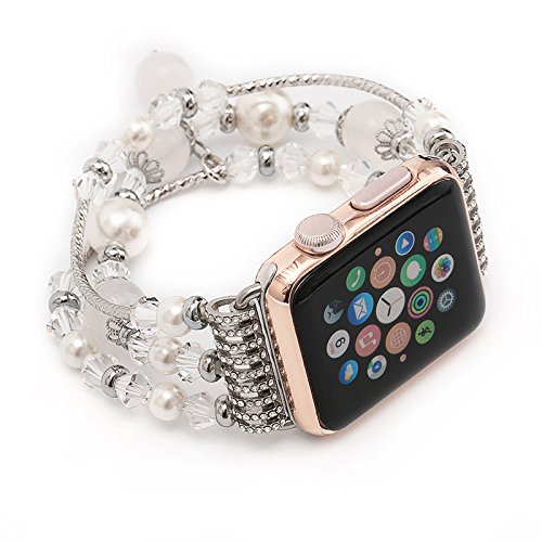 [Australia - AusPower] - GEMEK Compatible With White Apple Watch Band 38/40/41mm Women Agate Pearl Bracelet Strap, Fashion Handmade Elastic Replacement for iWatch Bands Series 7/6/5/4/3/2/1 Girls Wristband (Silver) White 38mm/40mm/41mm 