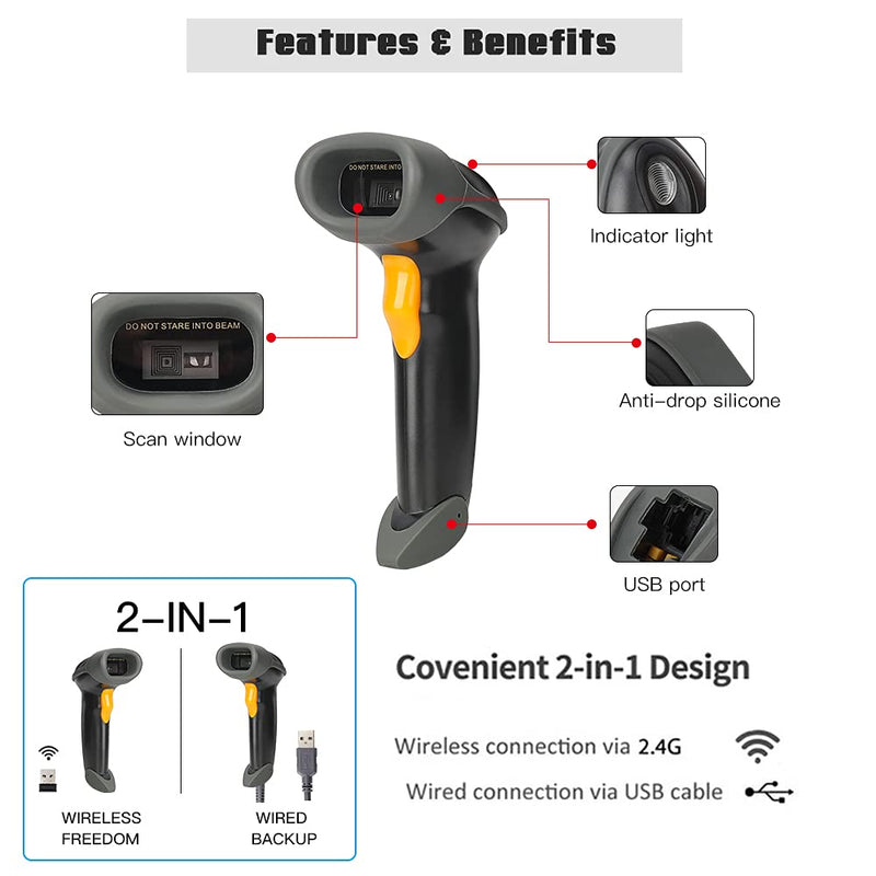 [Australia - AusPower] - 1D CCD 2.4G Wireless Bar Code Scanner Versatile 2 in 1 (Wireless+USB Wired), UNIDEEPLY Automatic Barcode Reader Scanner 196 Feet Indoor Transmission Distance, Scanning Gun for PC Computers, Black 