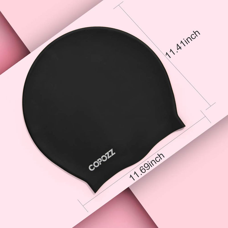 [Australia - AusPower] - COPOZZ Extra Large Swim Cap, Designed for Long Hair Braids Dreadlocks Weaves Hair Extensions Curls & Afros, Silicone Bathing Cap Swimming Hat for Women Men Black 