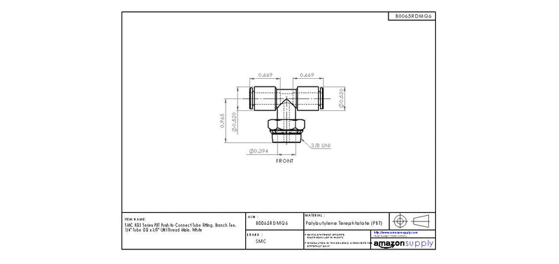 [Australia - AusPower] - SMC KQ2T07-U03A PBT & Brass Push-to-Connect Tube Fitting, Branch Tee, 1/4" Tube OD x 3/8" UNI Thread Male 