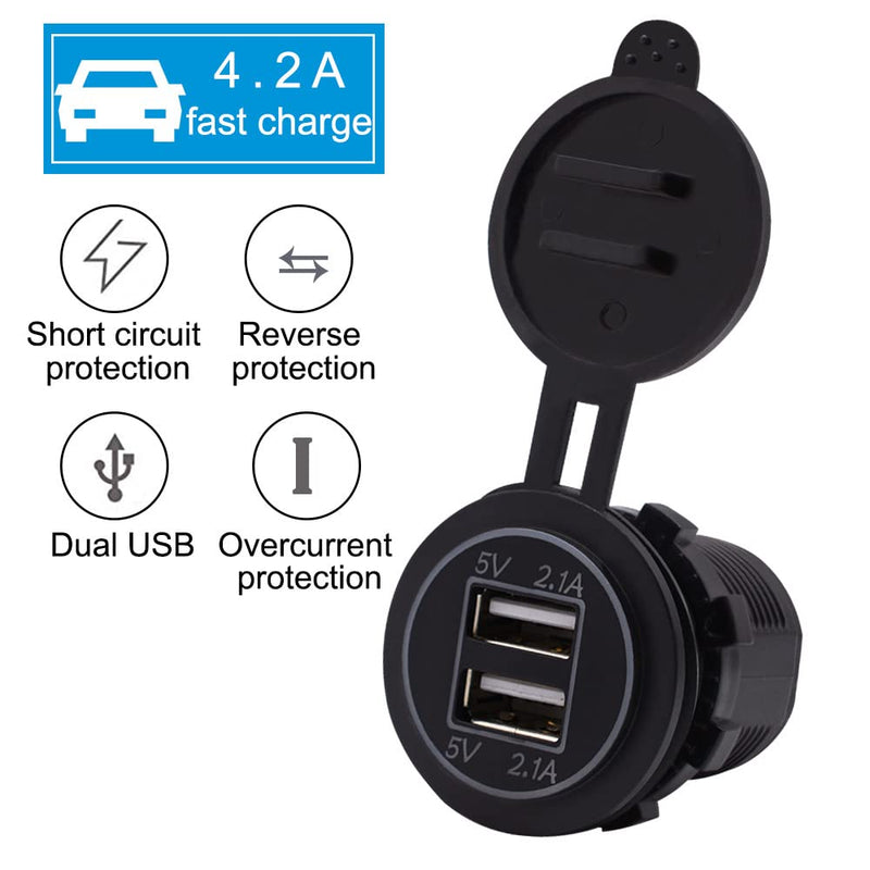 [Australia - AusPower] - [5 Pack] 12V USB Outlet, Dual USB Quick Charger Socket Waterproof Power Outlet 12V/24V 2.1A & 2.1A for Car Golf Cart Boat Marine Bus Truck RV Marine Motorcycle, Blue LED 