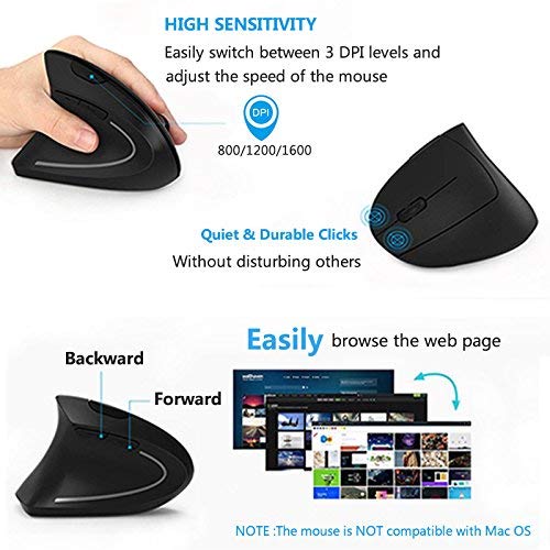 [Australia - AusPower] - Left Handed Mouse, Lefty Ergonomic Wireless Mouse - Acedada Rechargeable 2.4G Left Hand Vertical Mice with Nano Receiver, 6 Buttons, Less Noise - Black Left-Handed Rechargeable Ergonomic Mouse 