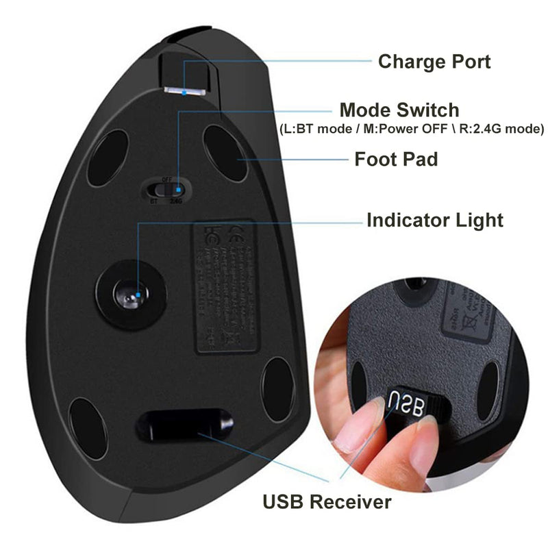 [Australia - AusPower] - Vertical Mouse, Right Handed 2.4GHz Wireless Ergonomic Rechargeable Vertical Mouse with 4 Adjustable DPI 800/1200/1600/2400, 6 Buttons,Compatible with PC, Desktop,Mac (Black)… Black 