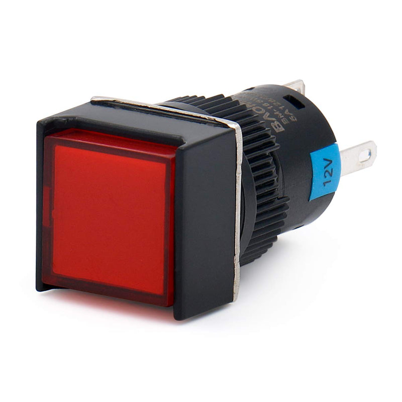 [Australia - AusPower] - Baomain 16mm Push Button Switch Latching Square Cap LED Lamp Red Yellow Blue Green Light DC 12V SPDT 5 Pin 4 Pack 