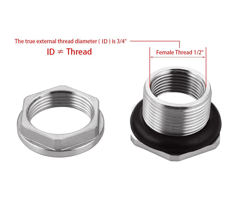 [Australia - AusPower] - Bulkhead Water Tank Connector,1/2" NPT Female Thread , 304 Stainless Steel Thru-bulk Fitting( 2 Pcs ) 0.5 Inch 