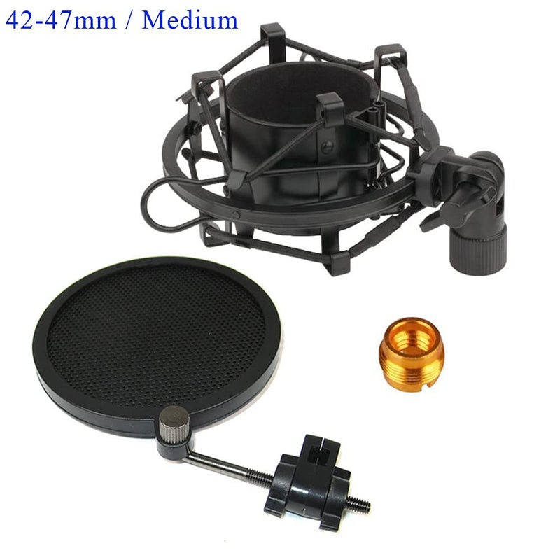 [Australia - AusPower] - Etubby 42-47mm Microphone Shock Mount with Double Mesh Pop Filter & Screw Adapter, Adjustable Anti Vibration High Isolation Metal Mic Mount Holder Clip for Diameter of 42-47mm Microphone 42-47mm / M 