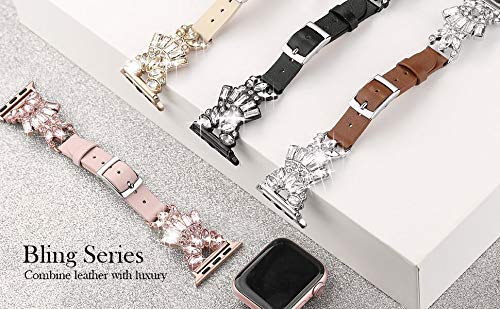 [Australia - AusPower] - Secbolt Band Compatible with Apple Watch Band 38mm 40mm 41mm 42mm 44mm 45mm iWatch Series 7/6/5/4/3/2/1, Top Grain Leather with Bling Crystal Diamonds Wristband Strap Accessories Women Pink/Large 38mm/40mm/41mm 