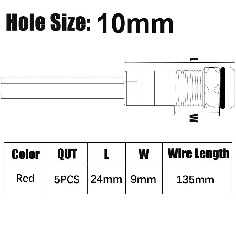 [Australia - AusPower] - Gebildet 5pcs 10mm LED Metal Indicator Light 12/24V DC Waterproof Signal Lamp Pilot Dash Directional with Wire(Red) Red 12-24V 