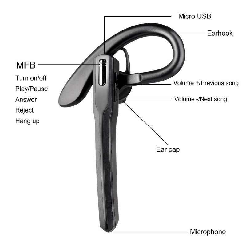 [Australia - AusPower] - Bluetooth Headset V5.0 Wireless Earpiece 16H Playtime, Single Earhook Business Headphones Earbud with Mic Clear Call Noise Cancelling Hands-Free Bluetooth Headset with Volume Control (Black) 