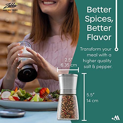 [Australia - AusPower] - Modetro Salt and Pepper Shakers Set Adjustable Coarseness Pepper Grinder Mill for Sea Salt Spice Stainless Steel Glass 2 Pack 2-pack 